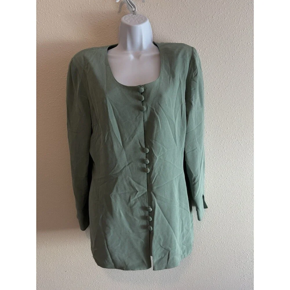 Vintage Adrianna Papell 100% Silk Blazer Green Size 12 80s 90s‎ Career Workwear